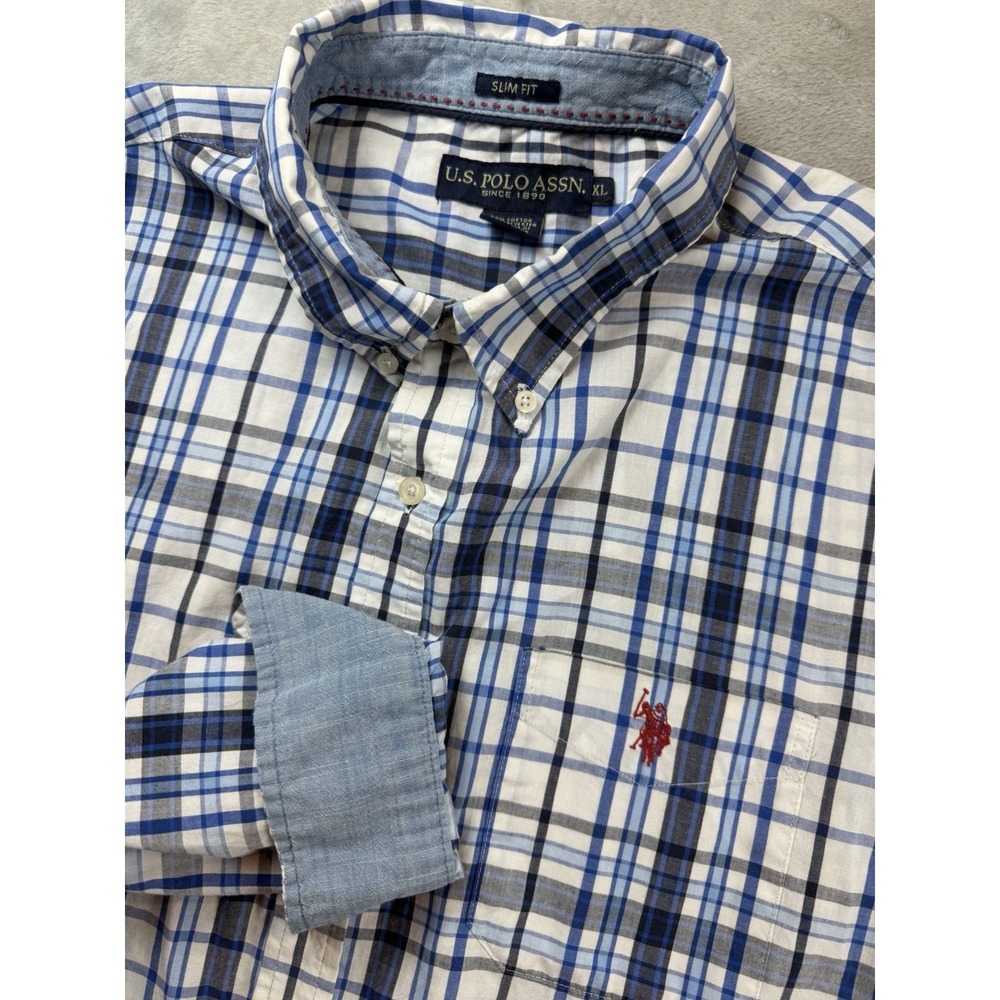 US Polo Assn. Shirt Men's Size XL Blue White Plaid Long Sleeve‎ Button Down